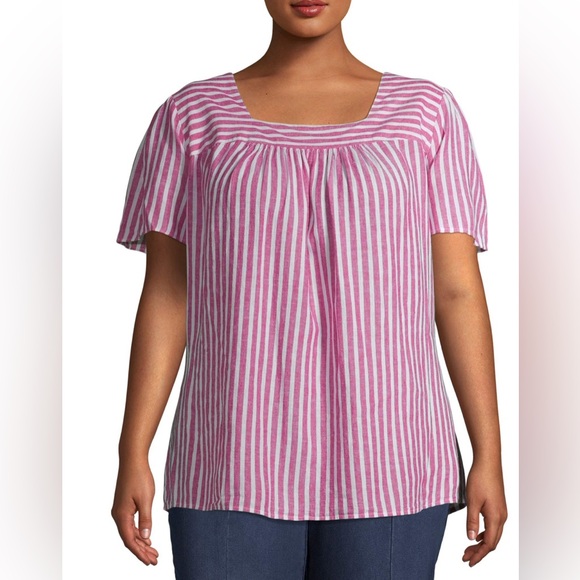 Terra & Sky Magenta Quartz Stripe Plus Size Square Neck Peasant Top 4X (28W/30W) - Picture 1 of 10
